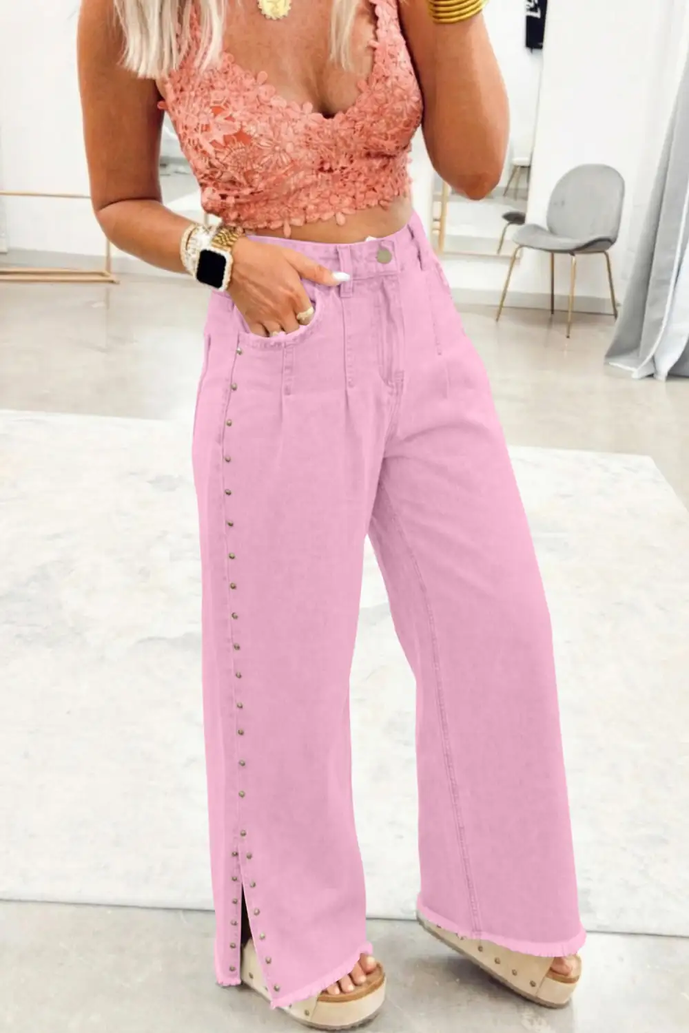 Beaded Side Detail Split Loose Jeans