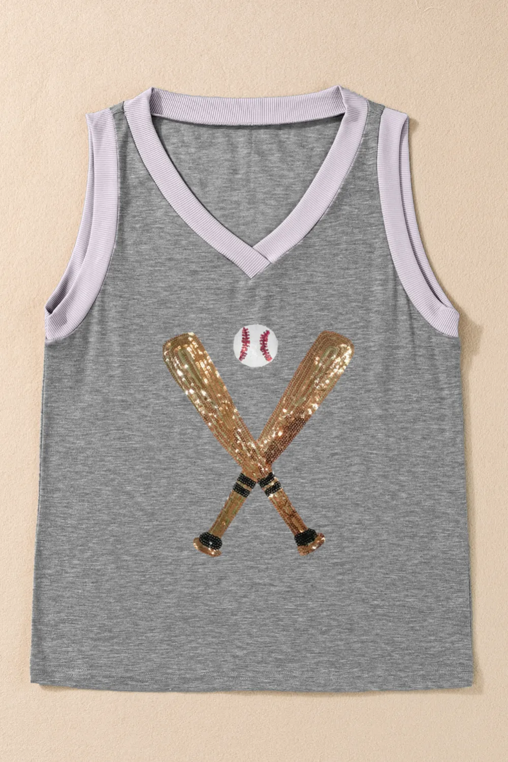 Sequined Baseball Bat Graphic Ribbed Trim Casual Tank Top