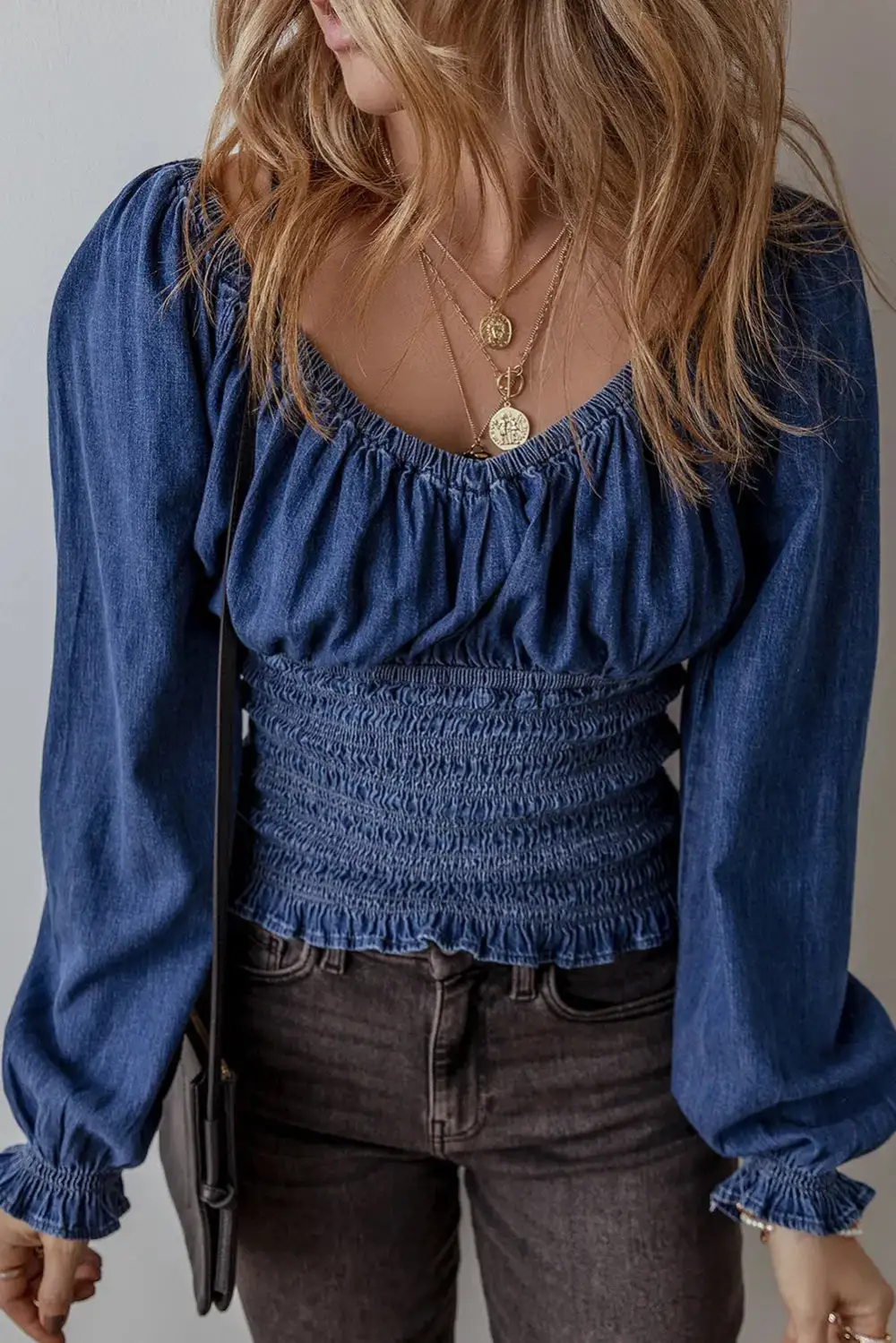 Ruffled Smocked V-Neck Blouse