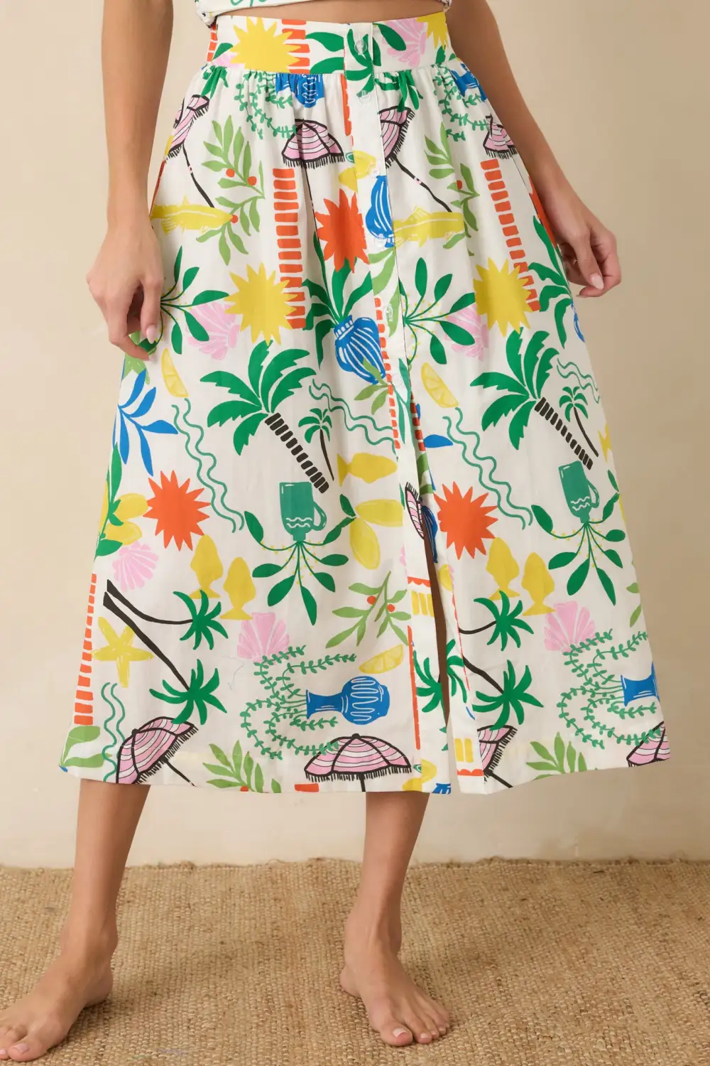 Multi Cotton Coastal Resort Print Midi Skirt