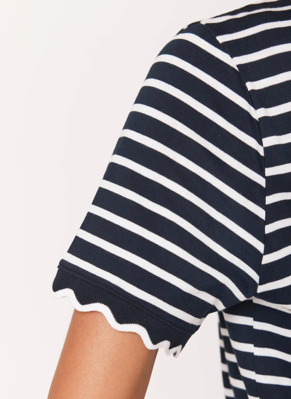 Casual Style Navy Stripe Scallop Trim T-Shirt