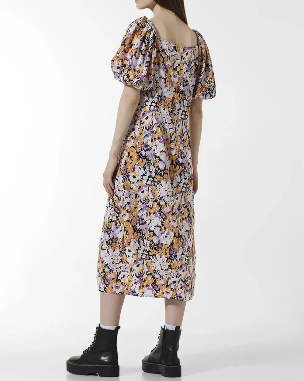 Square-Neck Puff-Sleeve Floral-Print Midi Dress