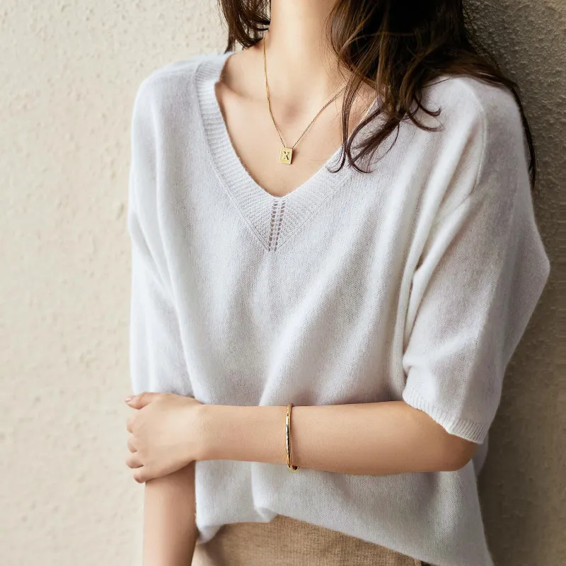 Loose Solid Color Half Sleeve Knitted Sweater