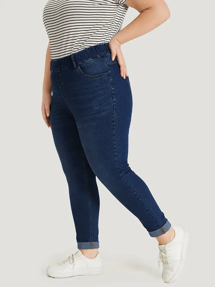 Plain Elastic Waist Medium Wash Roll Hem Jeans