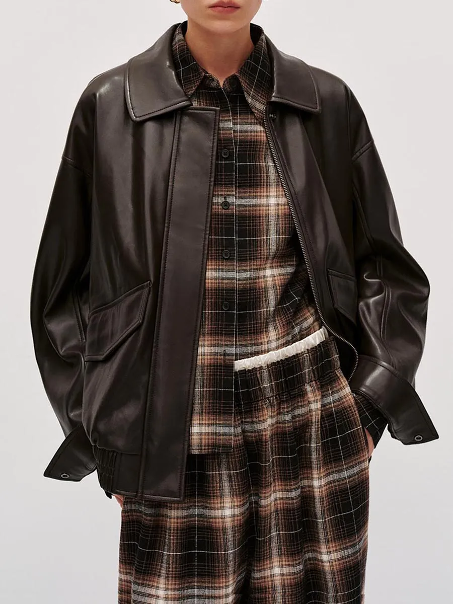 Lady's Dark Brown Square-Neck Retro-Style Leather Jacket
