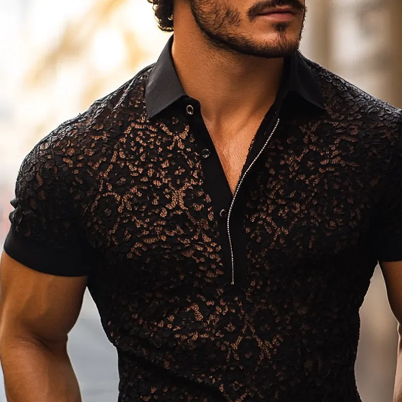 Sharp Casual Short Sleeve Collared Knit Mesh Detail Shirt