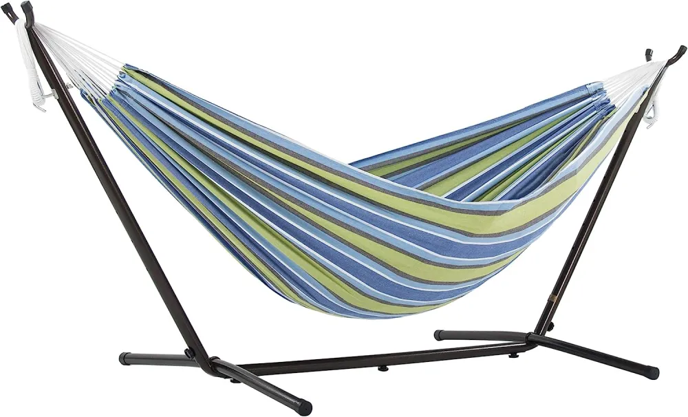 Double Cotton Hammock with Space Saving Steel Stand, Tropical (450 lb Capacity - Premium Carry Bag Included)