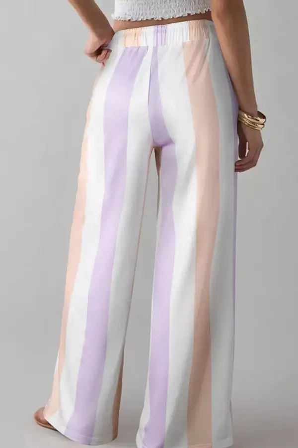 Stripe Multicolored Print Drawstring Loose Pants With Side Pocket