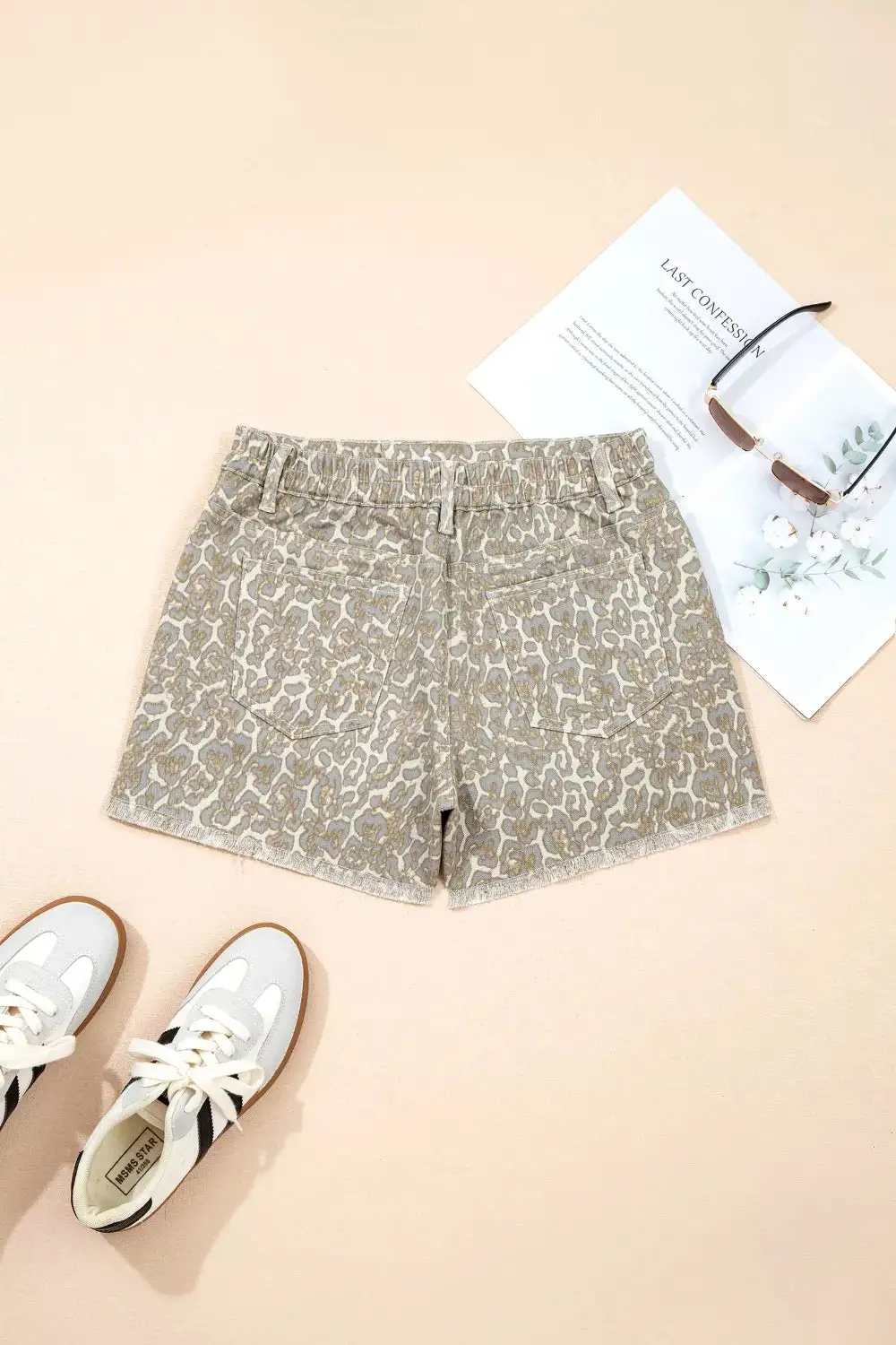 Raw Edge Leopard Print Denim Shorts