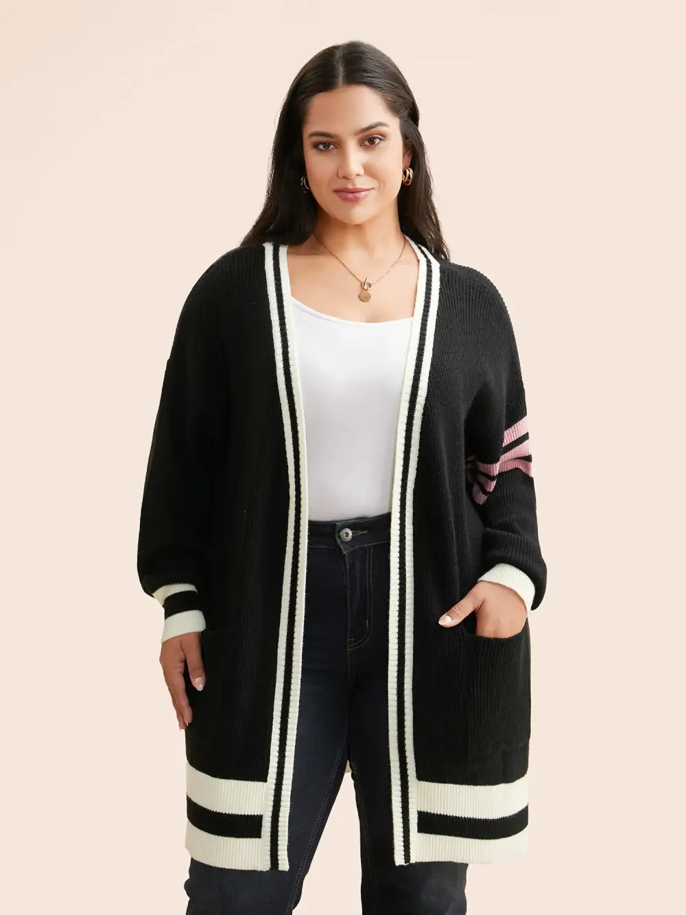 Contrast Striped Drop Shoulder Cardigan