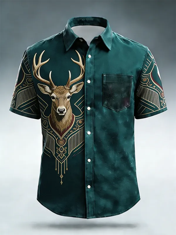 Men's Western Deer Head Art Deco Print Short Sleeve Shirt