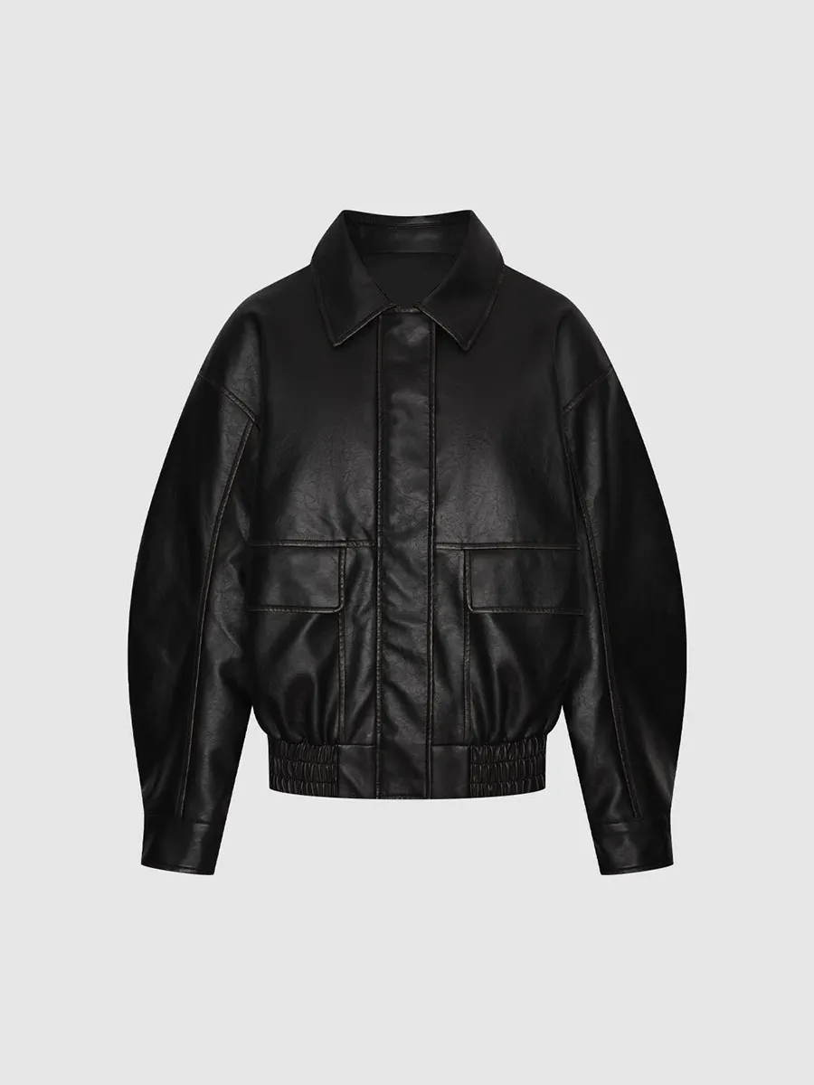 A Fashionable Black Lapel And Cinched Waist Leather Jacket For Ladies