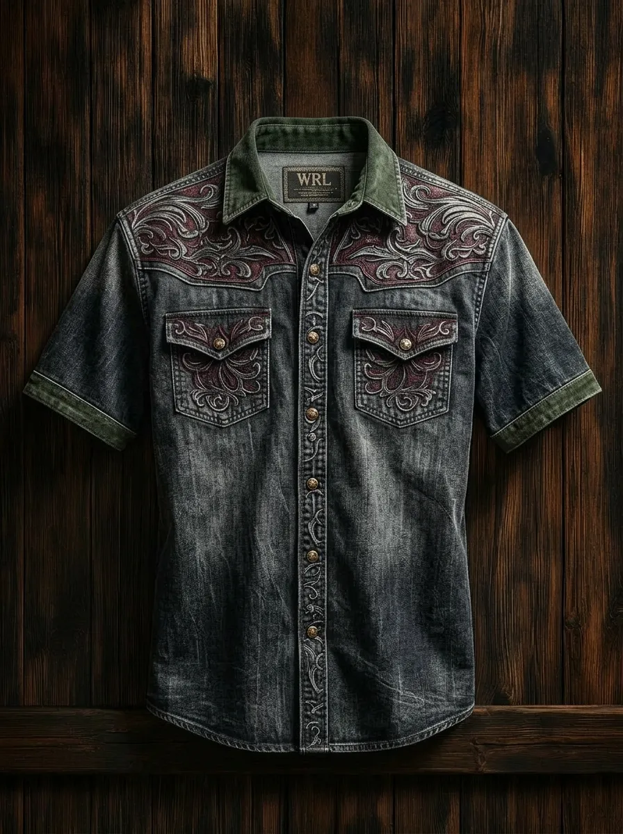 Men's Western Cowboy Floral Embroidery Acid Wash Printed Shirt-2