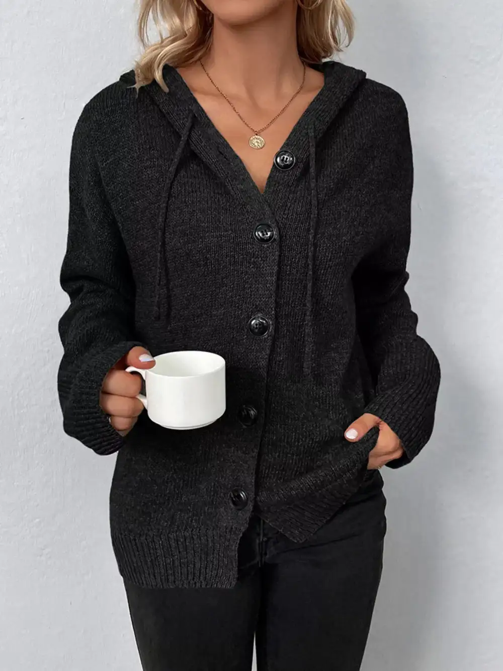 Full Size Cozy Knit Hooded Button Down Cardigan Plus Size