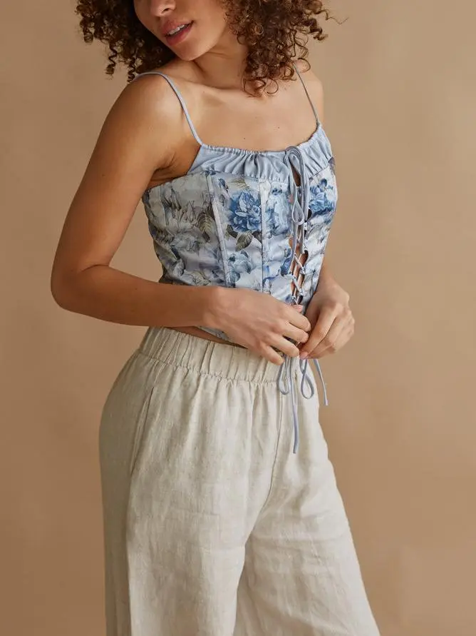 Lace Up Floral Satin Corset Top