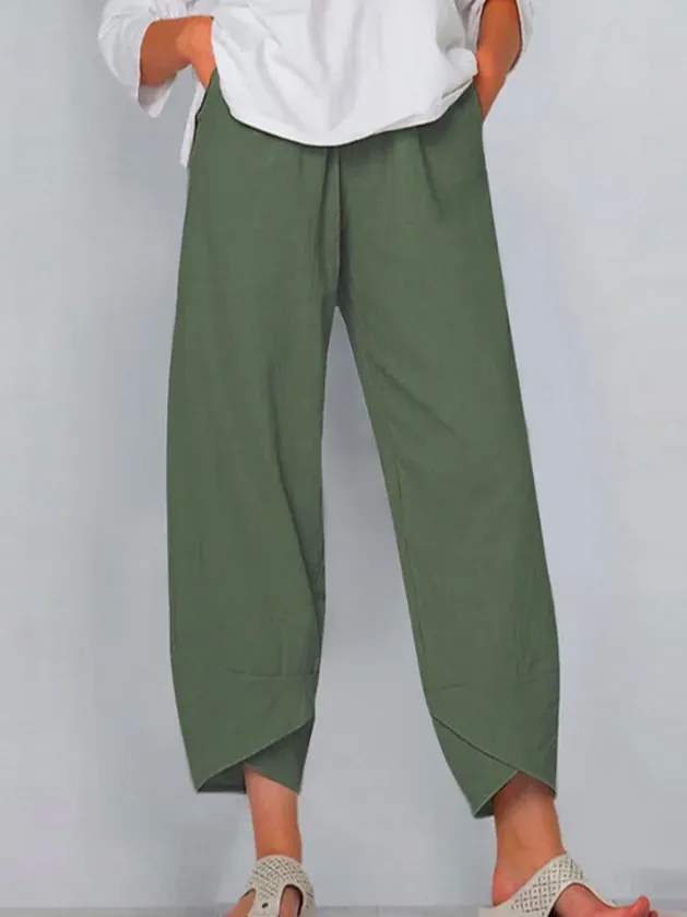 Casual Baggy Plain Linen & Cotton Cropped Pant