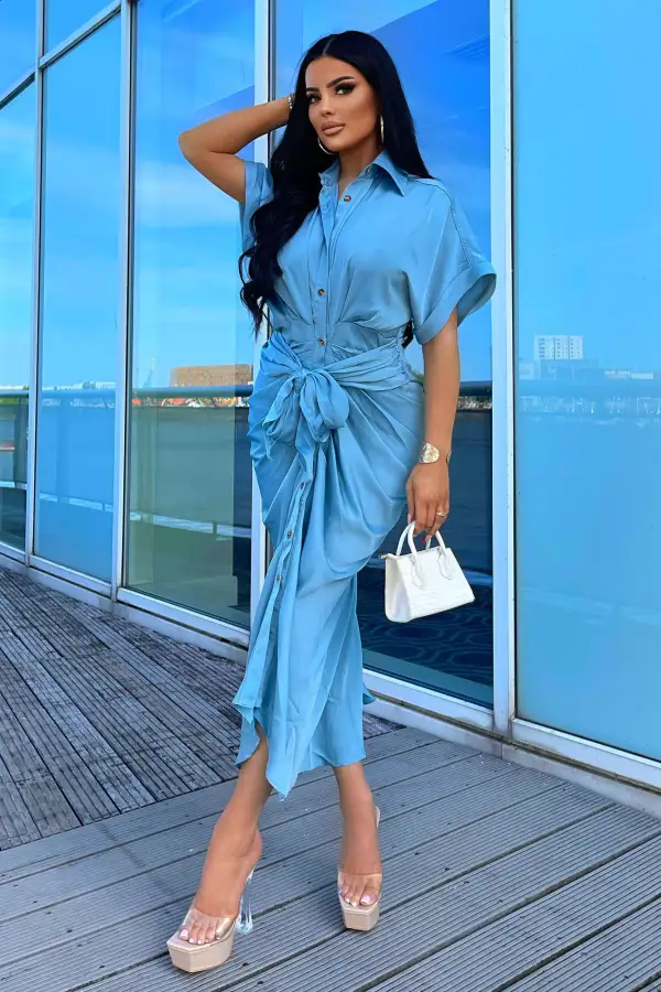Stuck In The City Satin Midi Dress - Blue
