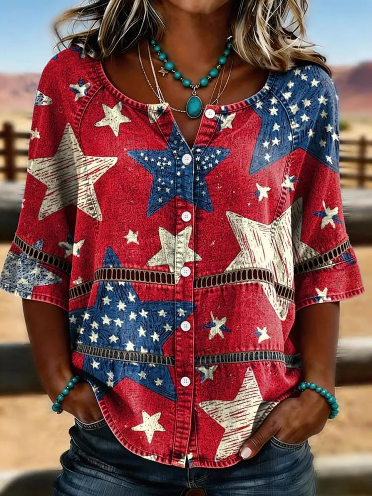 Women's Vintage Independence Day Print Casual Hollow-out Denim Shirt