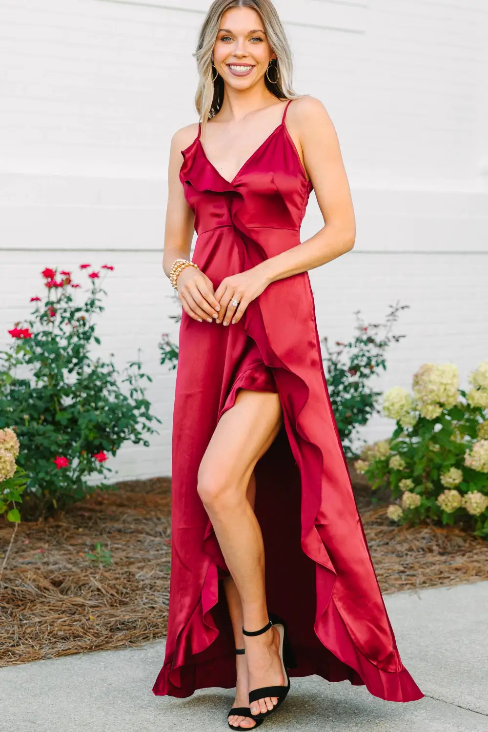 It's Gotta Be Love Burgundy Red Ruffled Maxi Dress