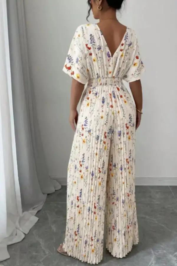 Pleated Floral Wide Leg Jumpsuit