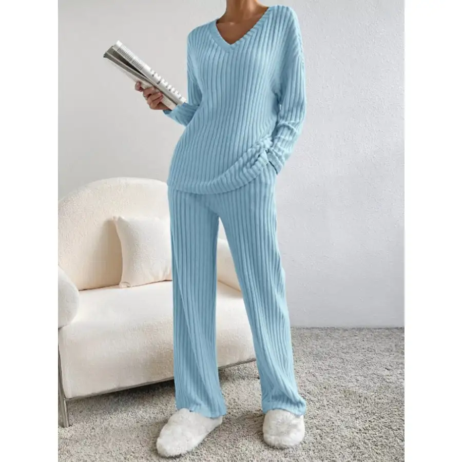 Ribbed Knit Long Sleeve Top and Pants Set