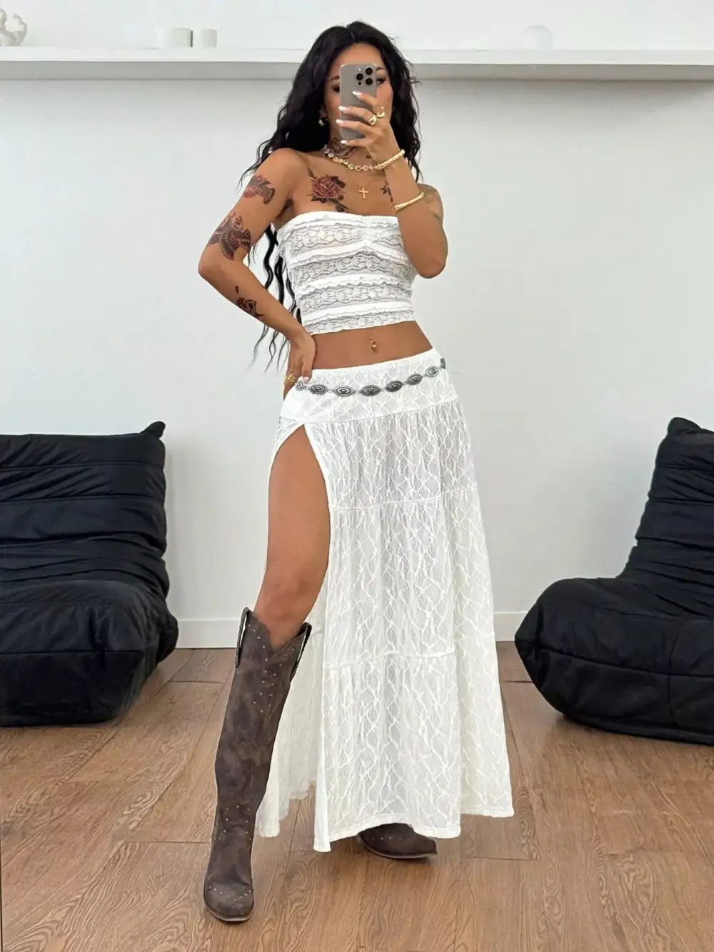Casual Lace Slit Skirt