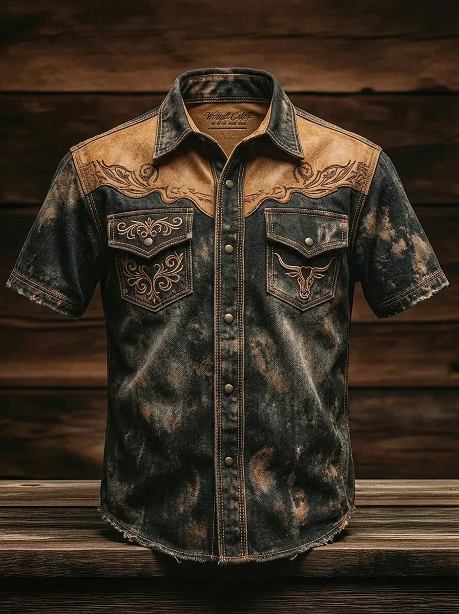 Men's Western Cowboy Bull Skull Floral Printed Shirt