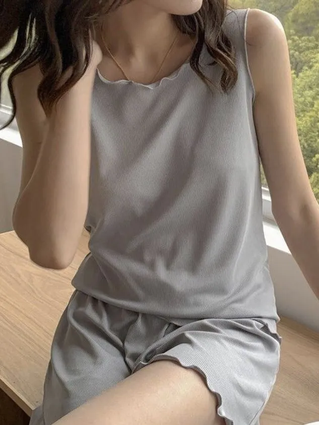 Cotton-Blend Plain Loose Casual Pajama Set