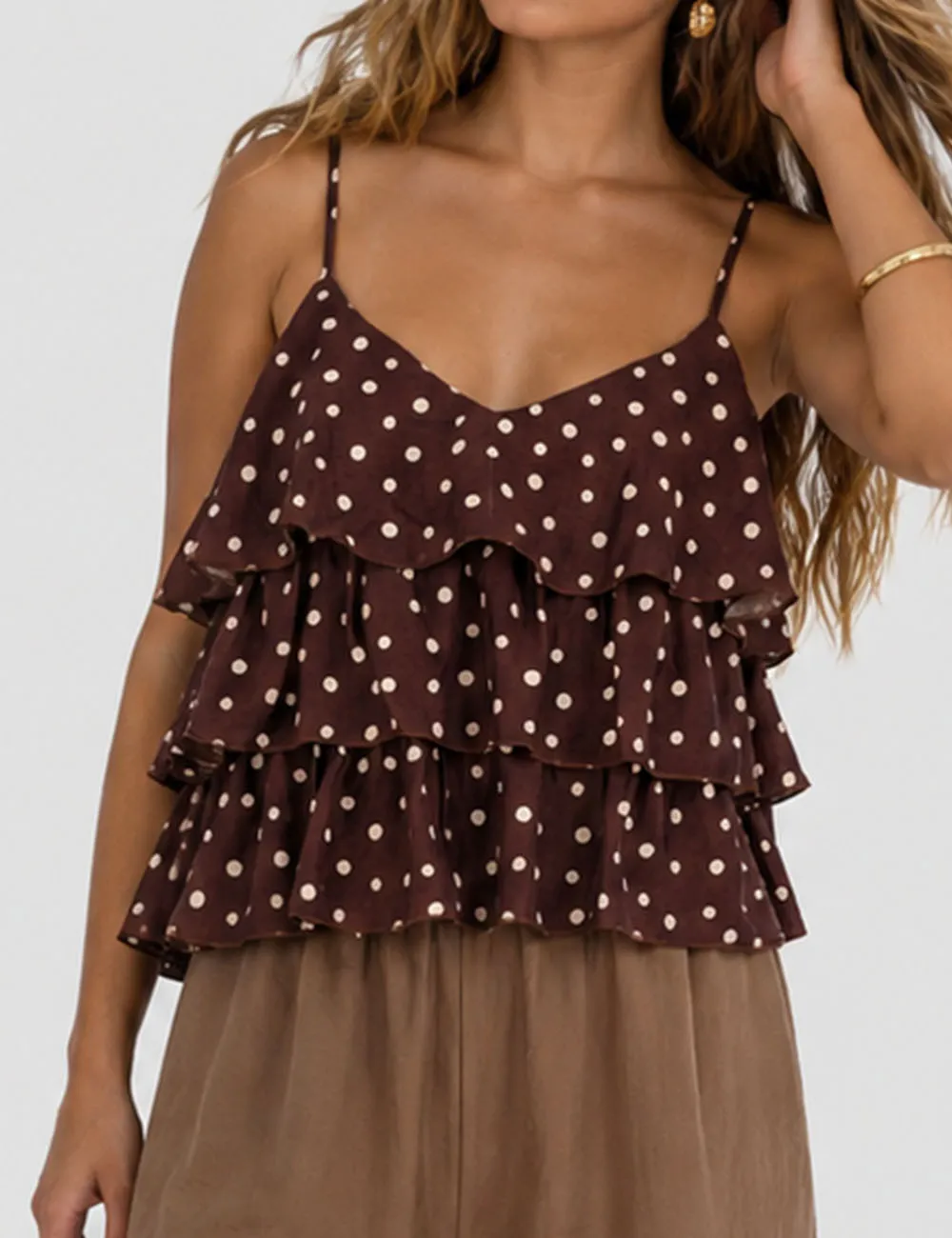 Polka Dot Layered Ruffle Spaghetti Strap Cami Top