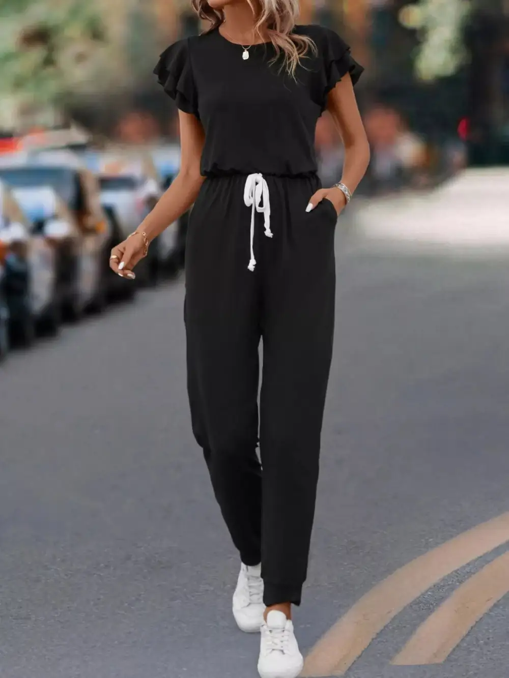Ruffle Drawstring Jumpsuit