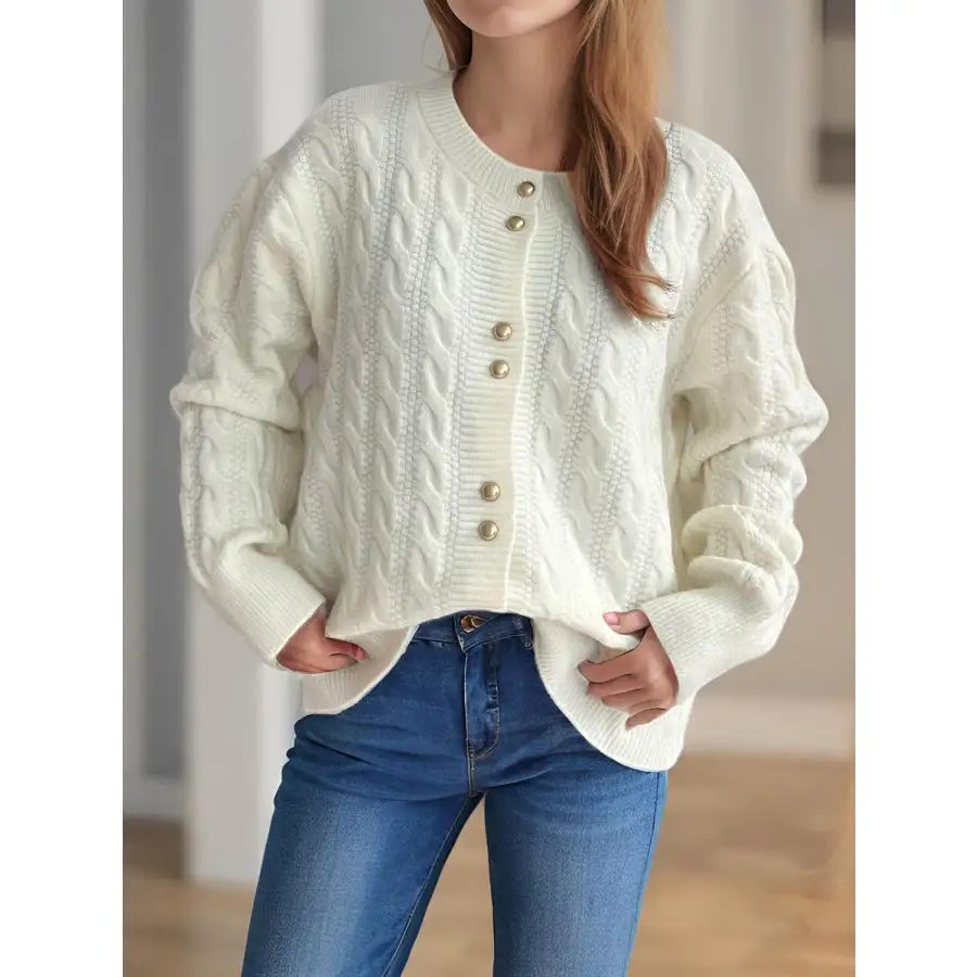 Cable Knit Round Neck Long Sleeve Cardigan