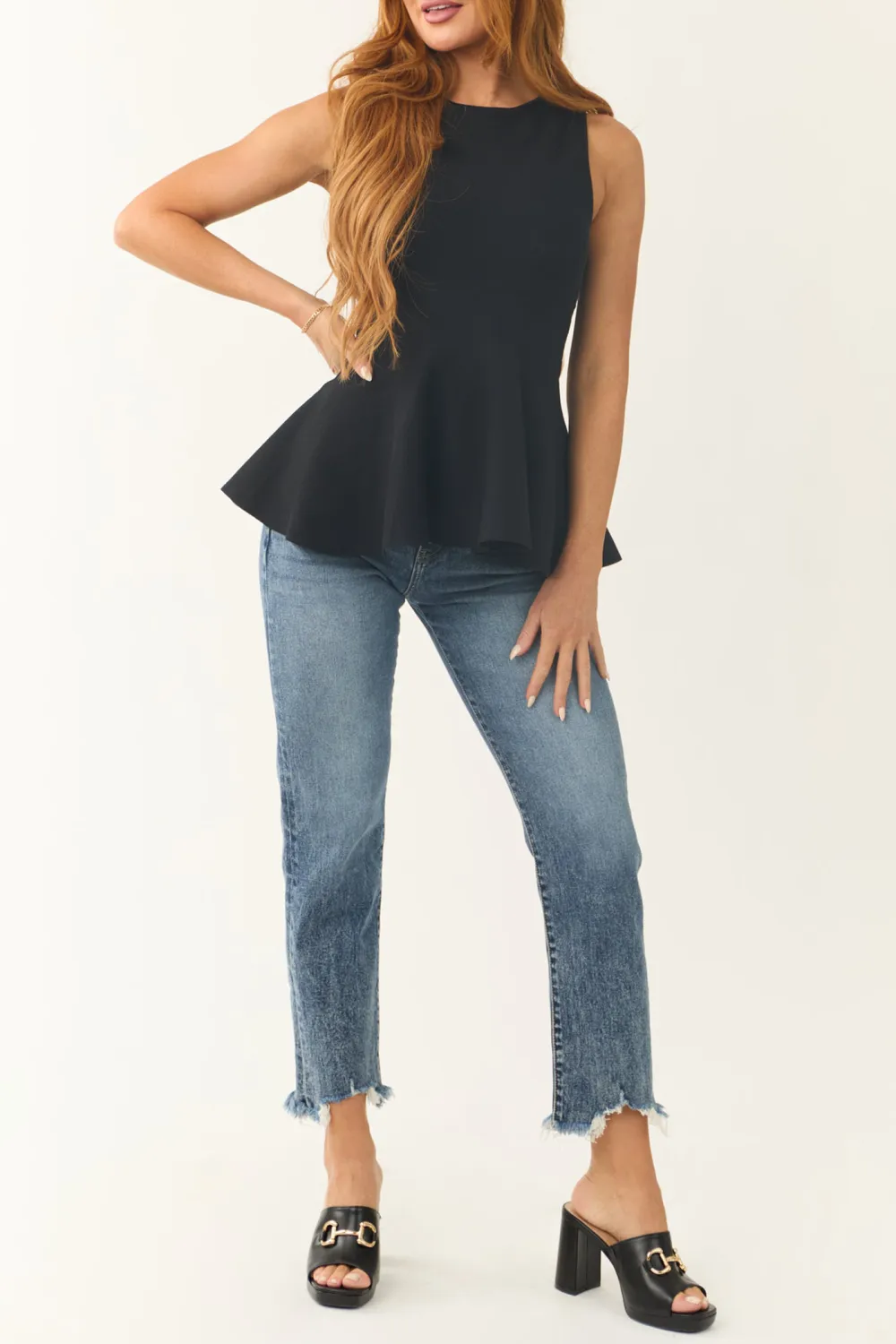 Black Peplum Ribbed Knit Tank Top