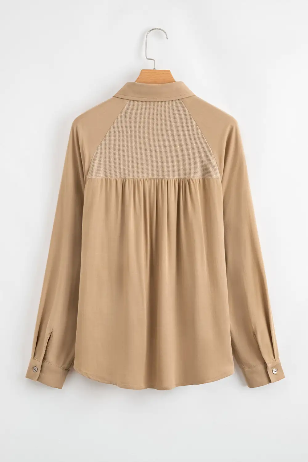 Light French Beige Waffle Patchwork Button Up Frayed Hem Shirt