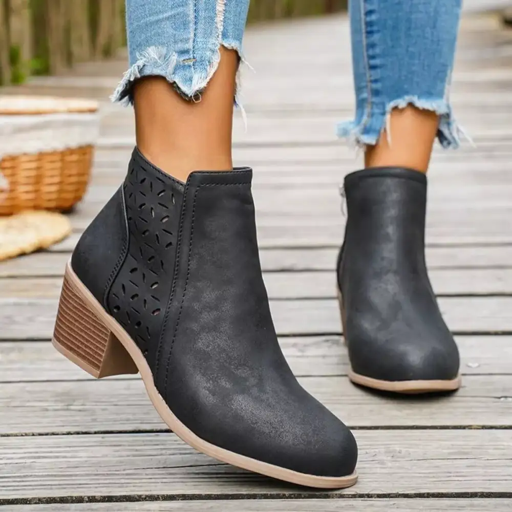 Block-Heel Ankle Boots With Cutout Detail