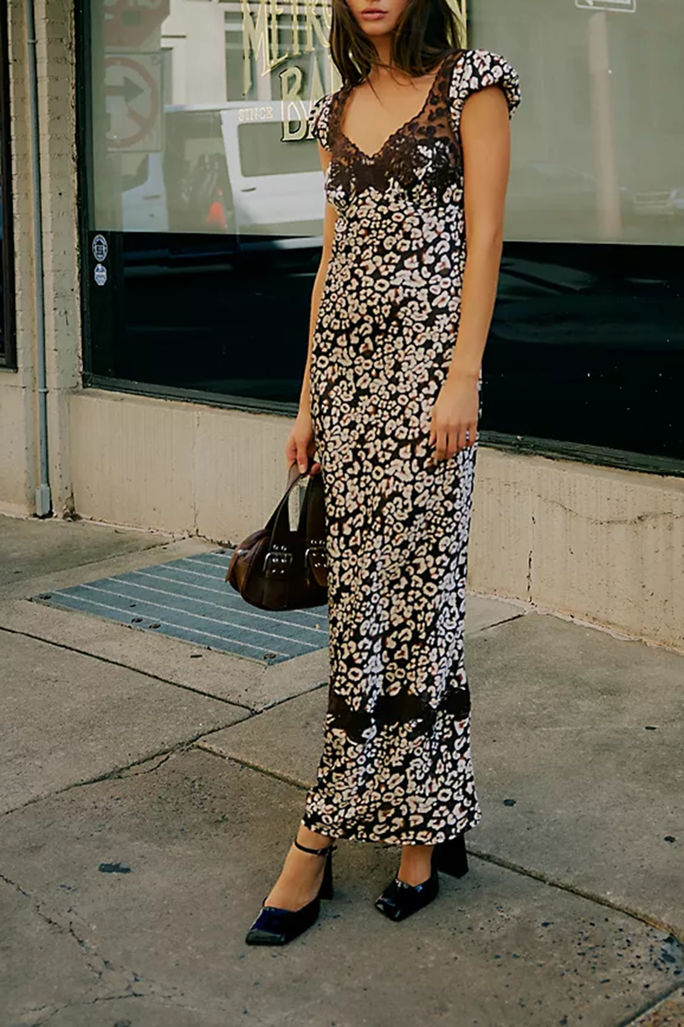 V Neck Floral Print Lace Trim Midi Dress
