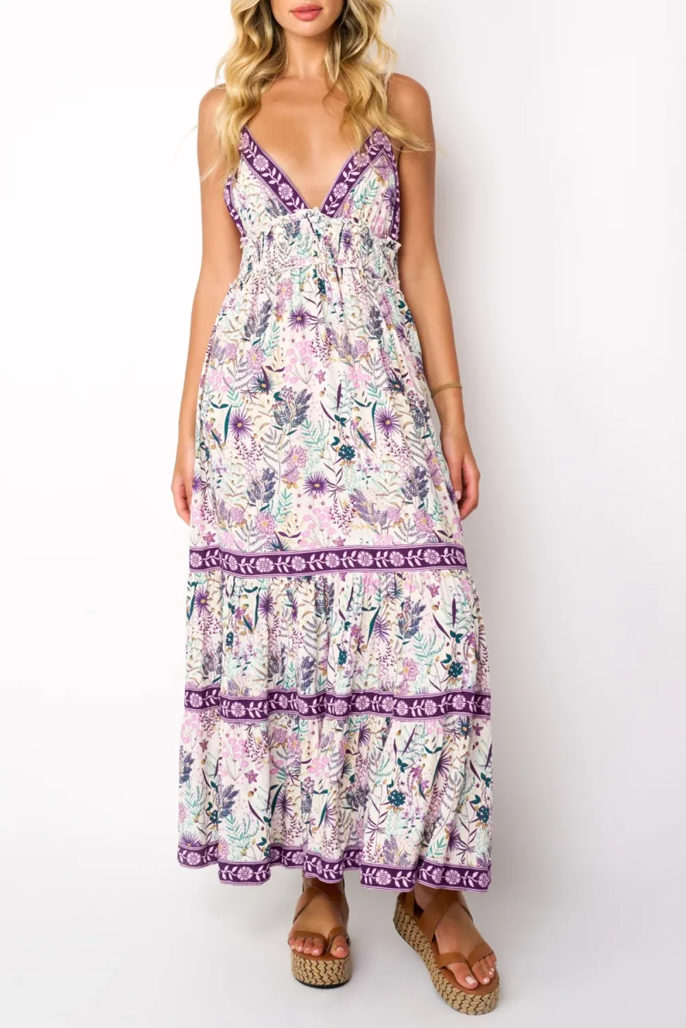 White And Purple Floral Print Maxi Dress