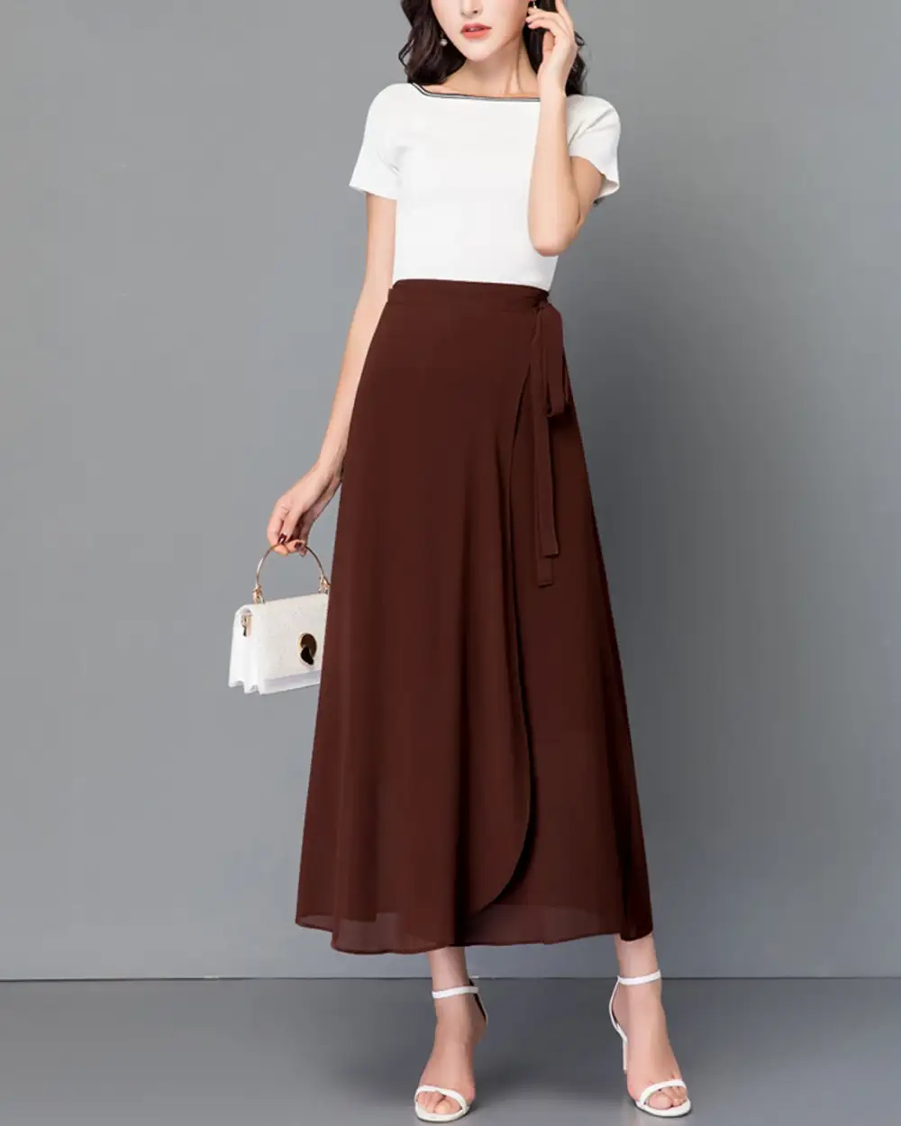 Belted Chiffon A Line Midi Skirt