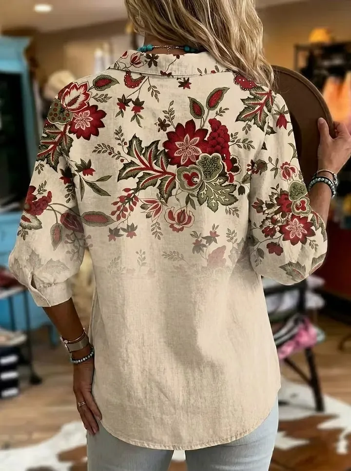 Women's Retro Floral Casual Puff Sleeve Shirt