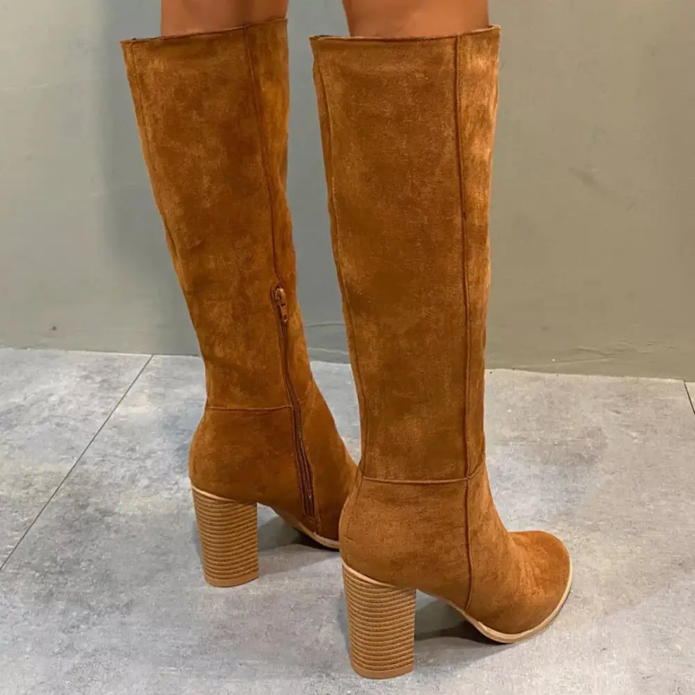 Pointed Toe Knee High Suede Block Heel Boots