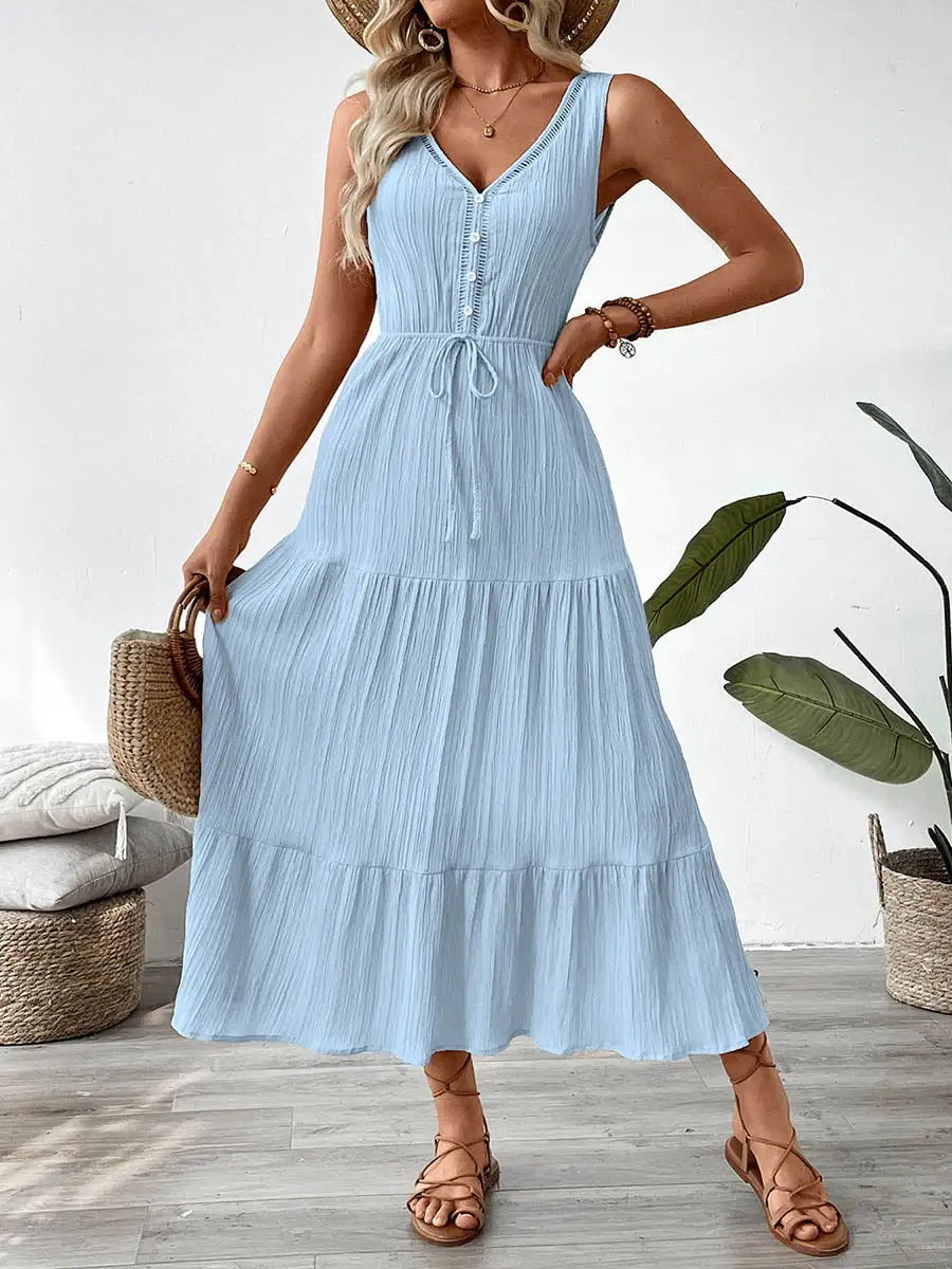 Waisted Pleated Buttoned Neck Maxi Dress