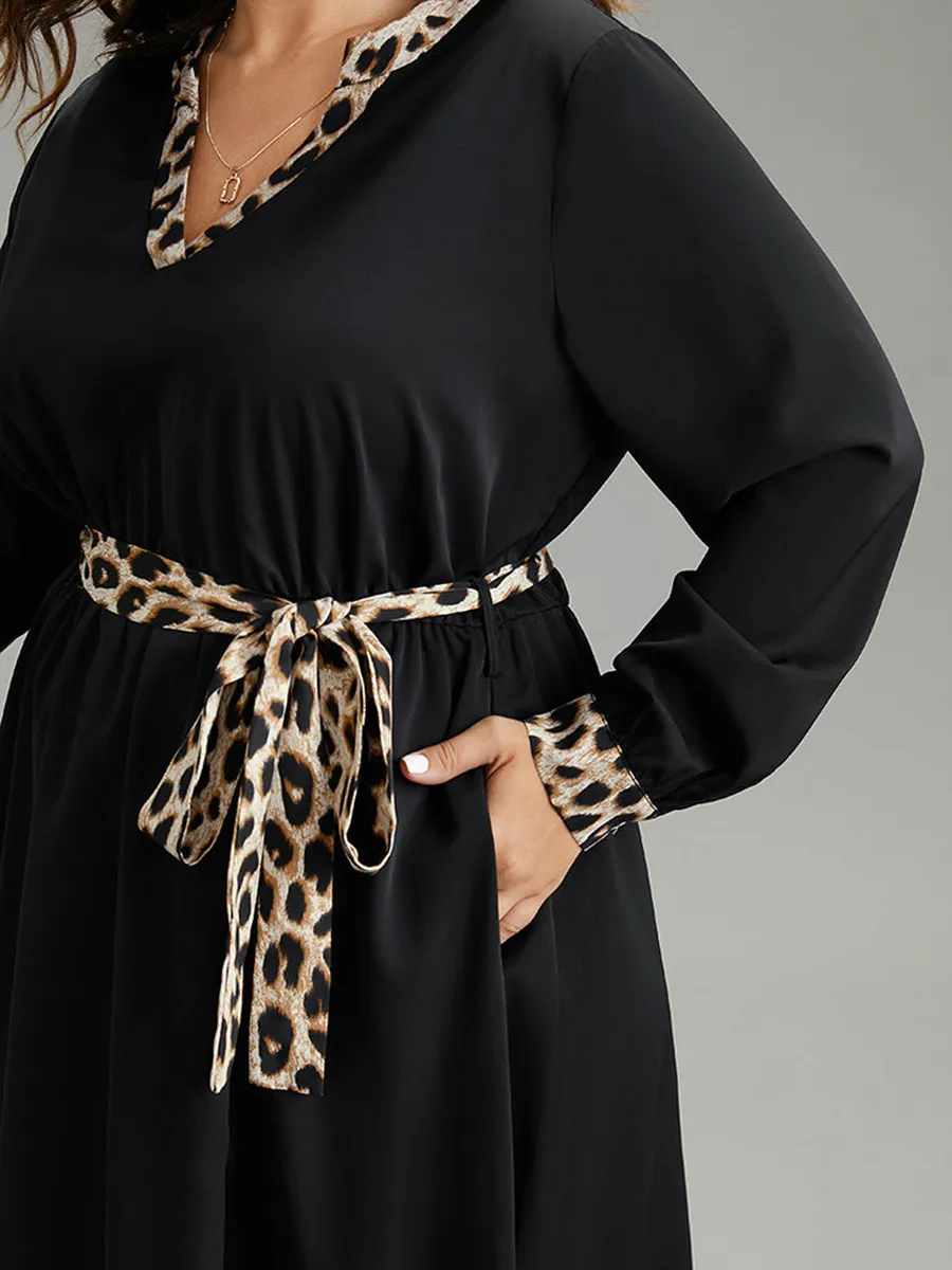 Elegant Senior Waist Waist Leopard Belt Dress Midi