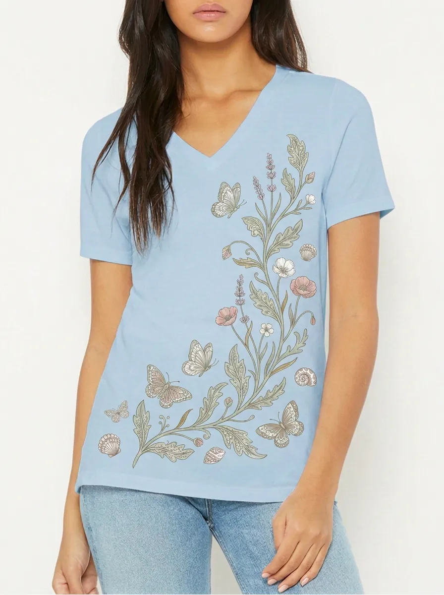 Women's Nature Lover Butterfly Floral Seashell Printed V-neck T-shirt