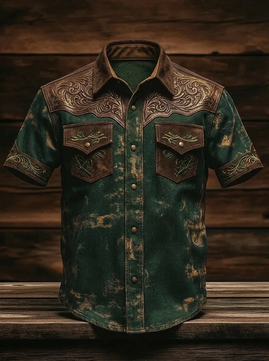 Men's Western Cowboy Floral Tooled Leather Printed Shirt-2