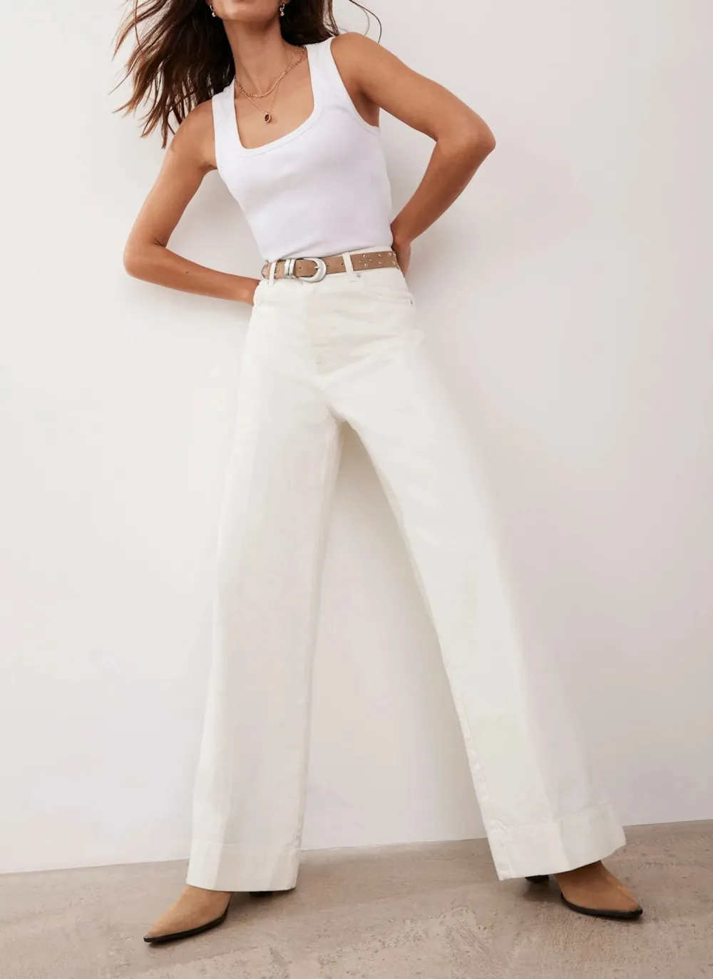 Casual Style Cream Wide Leg Jeans