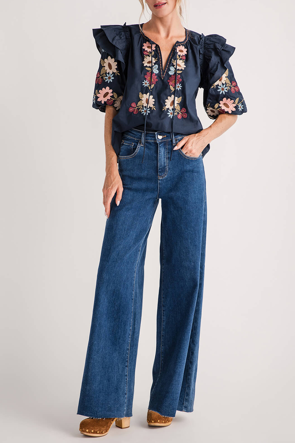 Mable Embroidered Ruffle Shoulder Puff Sleeve Blouse - navy