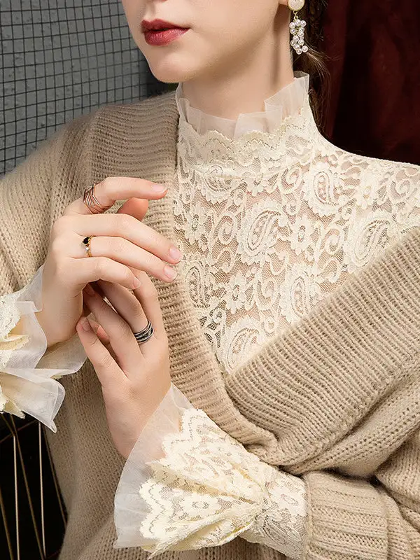 Flared Sleeve Long Sleeve Sheer Panel Detail Mock Neck T-Shirt