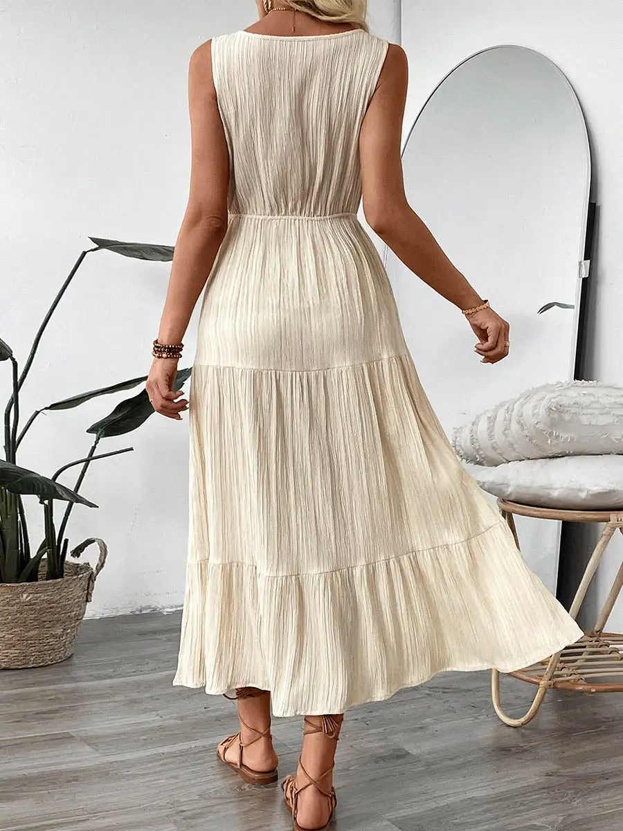 Waisted Pleated Buttoned Neck Maxi Dress