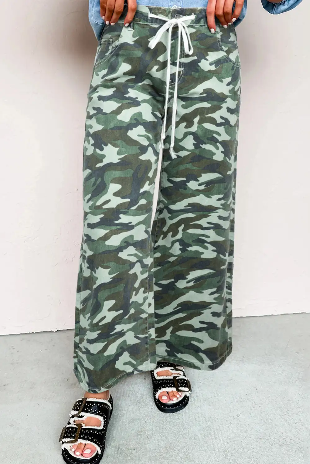Wide Leg Drawstring Print Camouflage Jeans