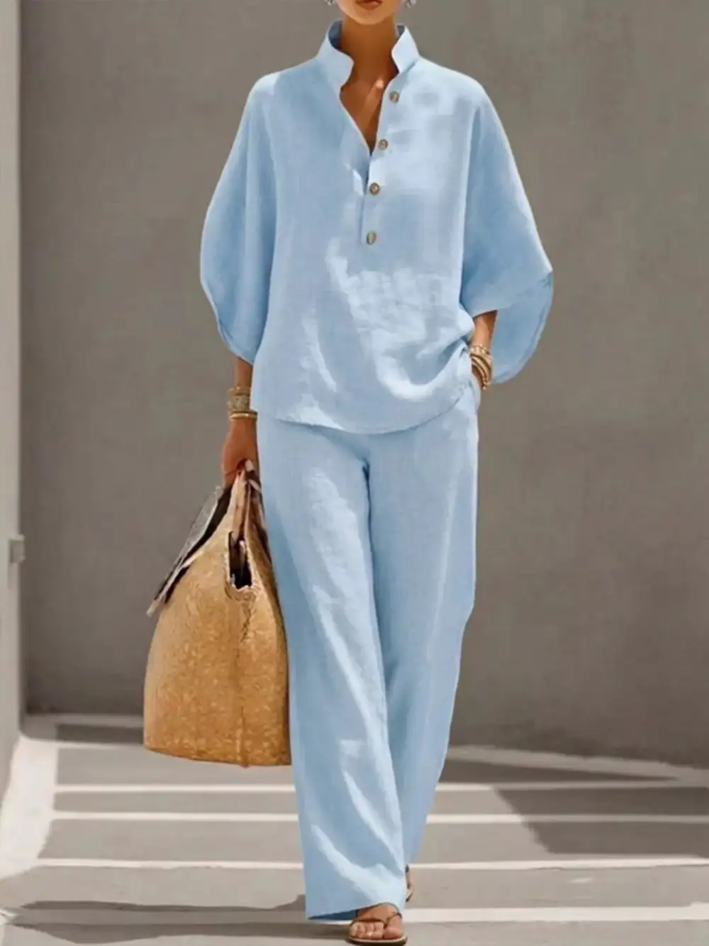 Button Detail Sleeve Top and Pants Set