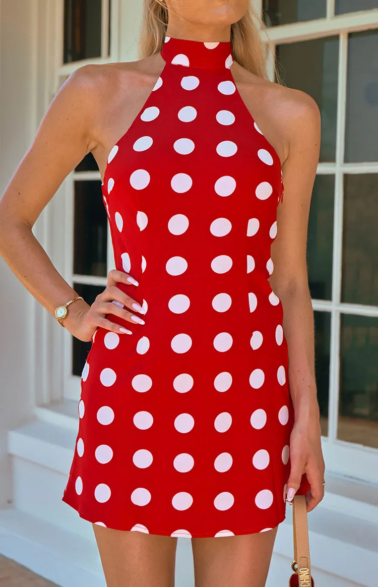 Halter Neck Polka Dot A Line Backless Mini Dress